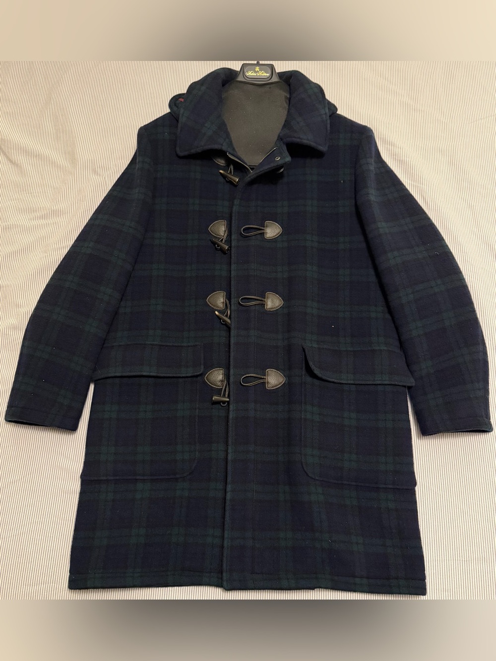 Brooks Brothers Black Watch Plaid 100% Wool Duffle Coat Hood Navy Green Large L